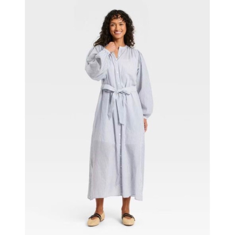 Universal Thread Maxi Dress Small Blue White New Striped Puff Sleeve Tie Waist